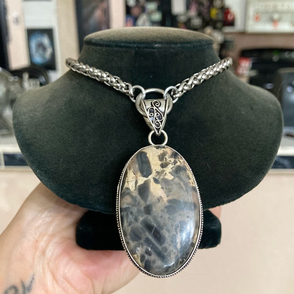 925 Sterling silver overlay marble jasper charm gemstone boho necklace - Picture 5 of 11